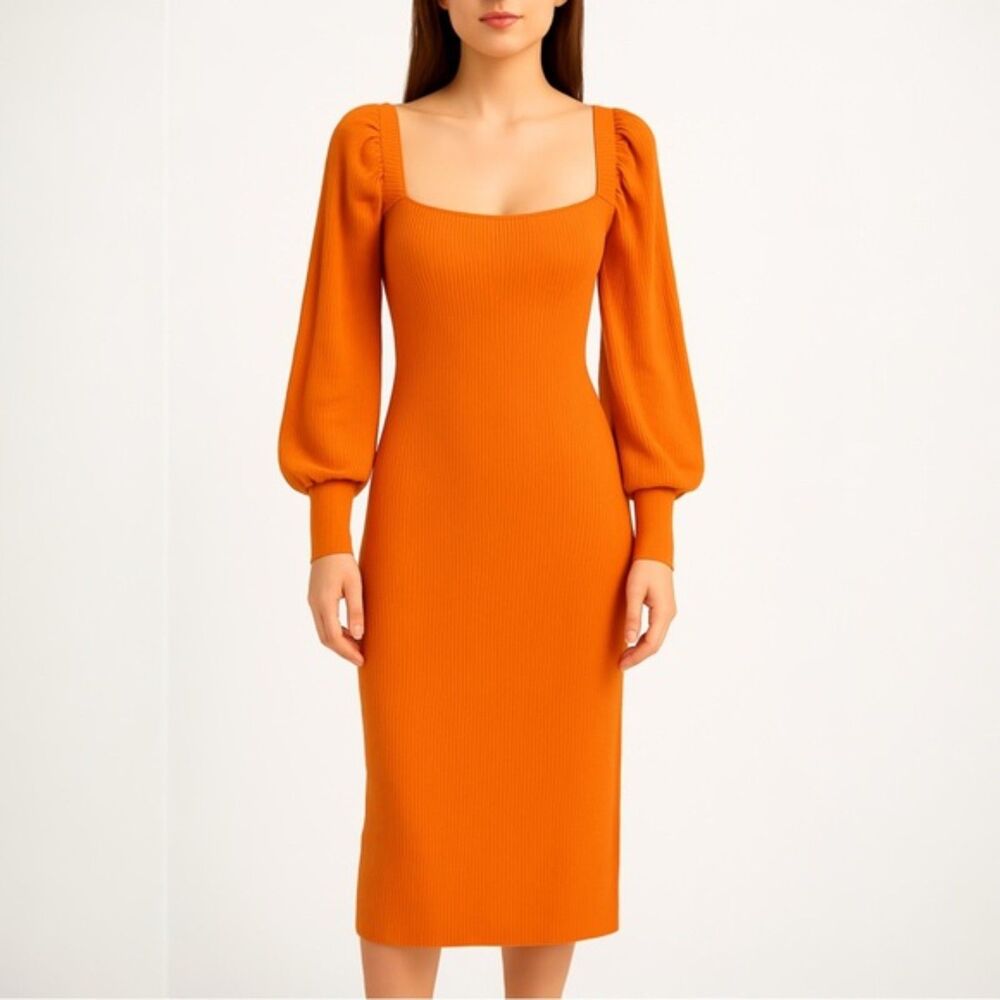 House of Harlow 1960 Midi Sweater Dress Size XL Orange Puffed Sleeve Rib Knit